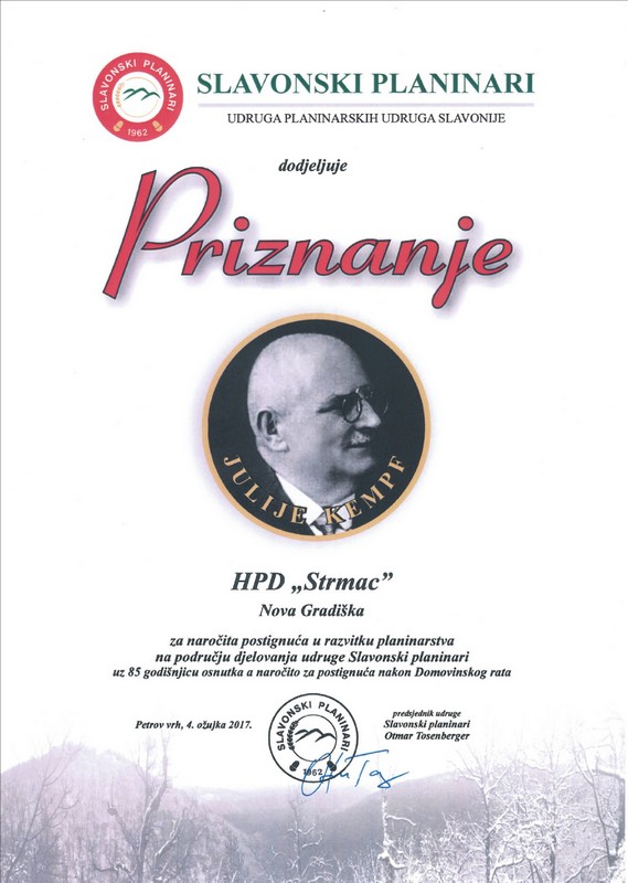 
 Priznanja udruge Slavonski planinari
